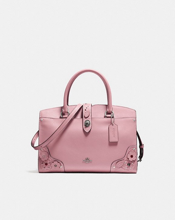 MERCER SATCHEL 30 IN GLOVETANNED LEATHER WITH TEA ROSE AND TOOLING