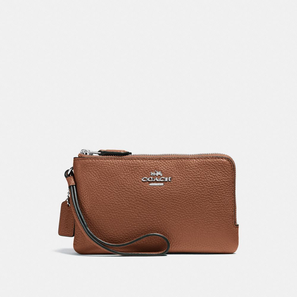 COACH Double Corner Zip Wristlet in Polished Pebble Leather
