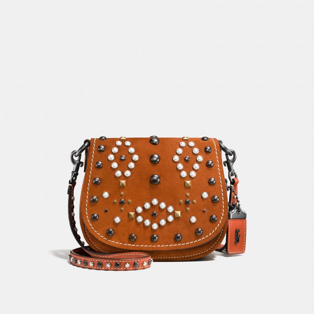 COACH Designer Crossbody Western Rivets Saddle Bag 17 In Suede