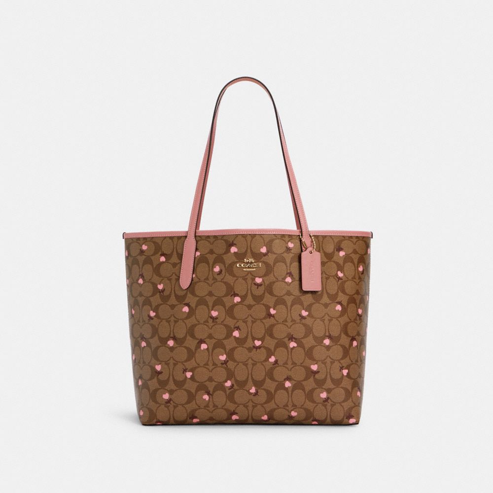 CITY TOTE IN SIGNATURE CANVAS WITH HEART FLORAL PRINT