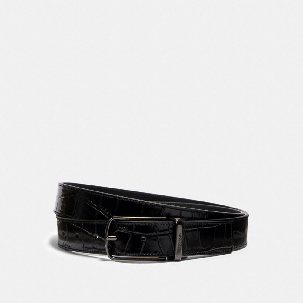 COACH®,SKINNY BUCKLE CUT-TO-SIZE REVERSIBLE DRESS BELT, 32MM,Leather,Gunmetal/Black,Front View