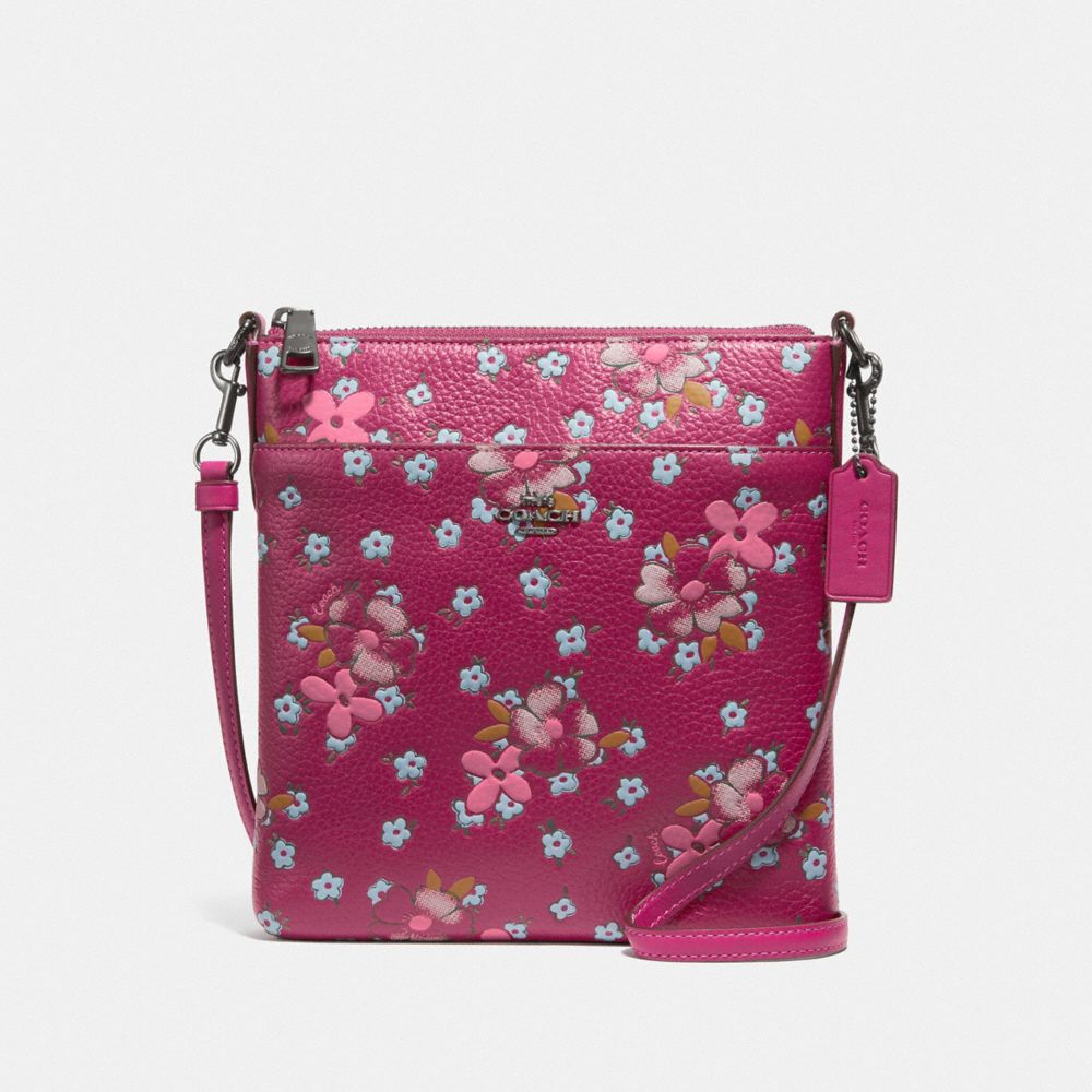 COACH®,KITT MESSENGER CROSSBODY BAG WITH FIELD FLORAL PRINT,Mini,Pewter/Dark Pink,Front View