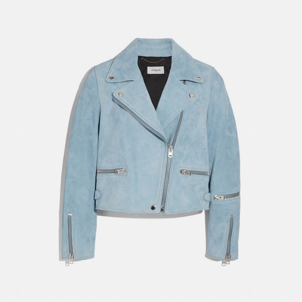 blue suede moto jacket