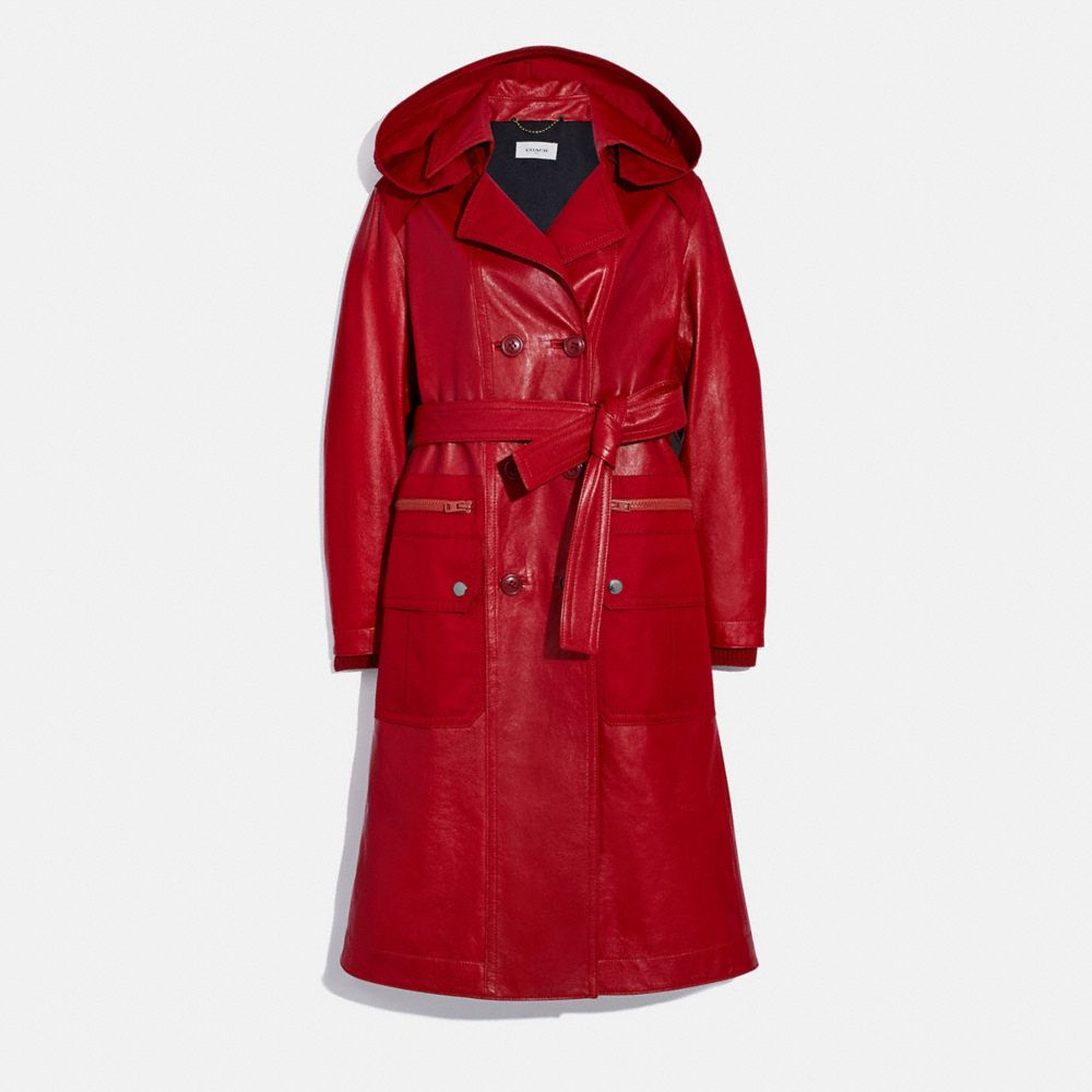 red leather trench coat