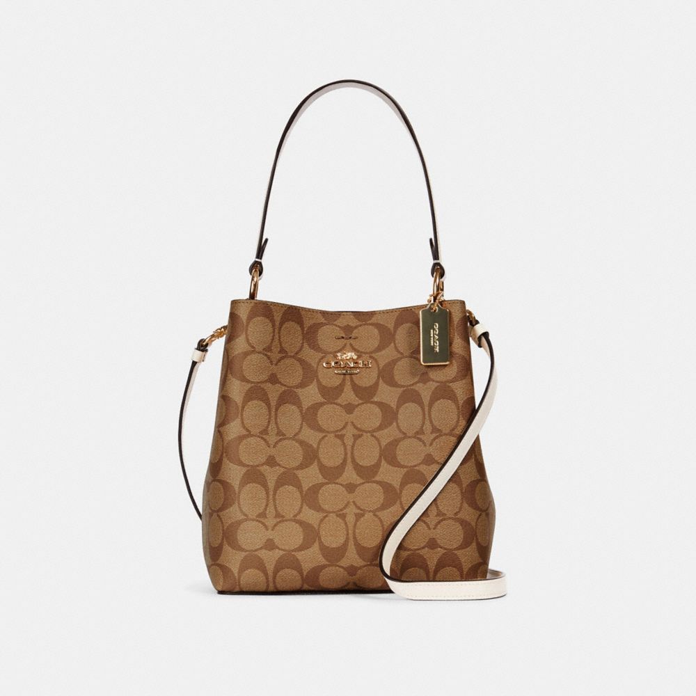 Small Town Bucket Bag In Signature Canvas, Gold/Khaki Chalk/Wine, ProductTile