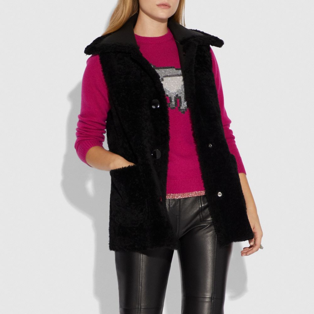 black shearling vest womens