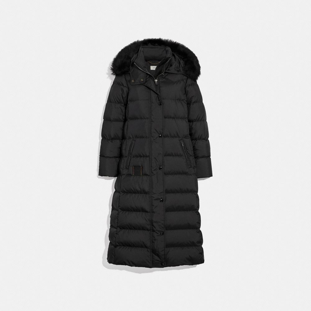 long black puffer jacket with hood