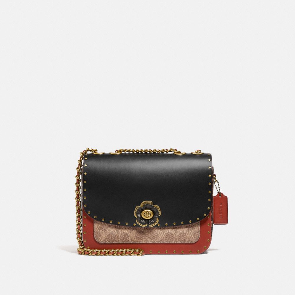 MADISON SHOULDER BAG IN SIGNATURE CANVAS WITH RIVETS AND SNAKESKIN DETAIL