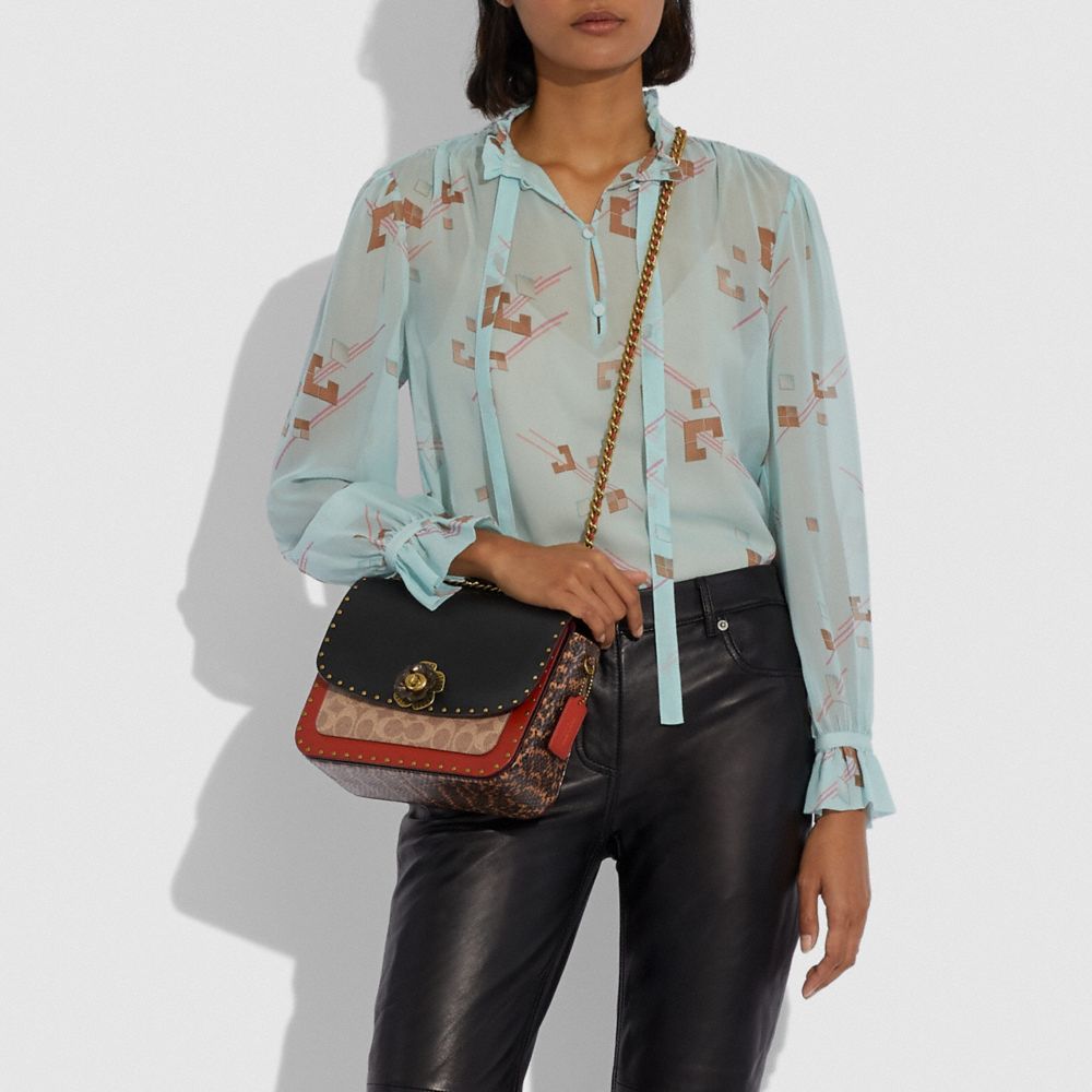 MADISON SHOULDER BAG IN SIGNATURE CANVAS WITH RIVETS AND SNAKESKIN DETAIL - Alternate View 1