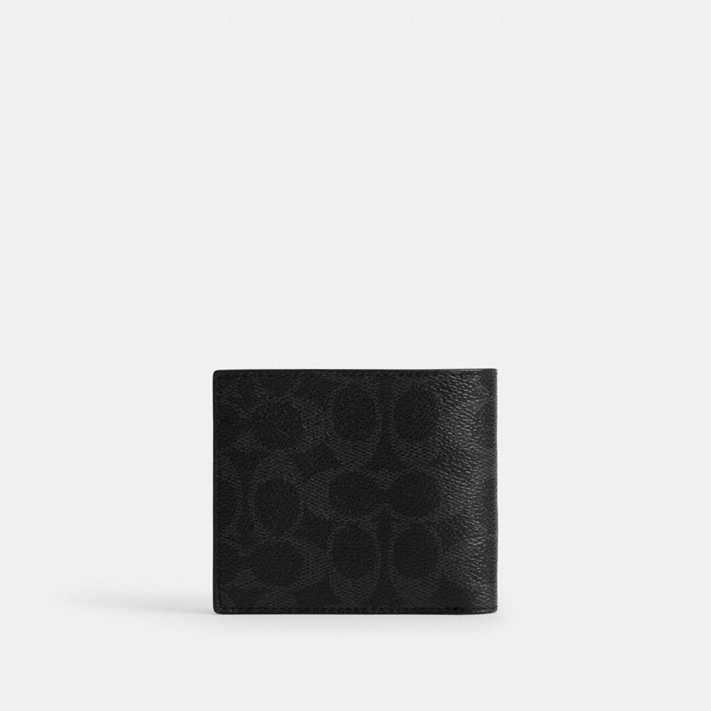 COACH®,Coin Wallet In Signature Canvas,Calfskin Leather,Canvas,Leather,Bi Fold,Logo,Casual,Black,Back View