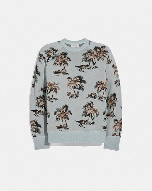 palm tree print jacquard sweater blue/multi 350€ select a size select 