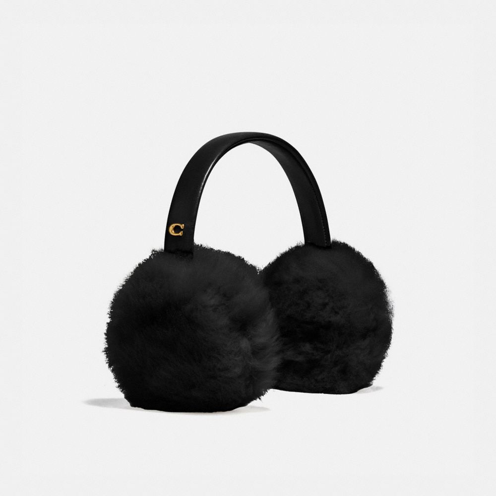 COACH®,Shearling Earmuffs,Shearling,Ear Muffs,Metal,Logo,Fur Embellishment,Casual,Black