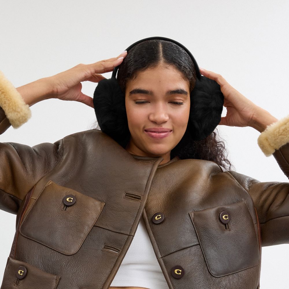 COACH®,Shearling Earmuffs,Shearling,Ear Muffs,Fur Embellishment,Casual,Black,Detail View