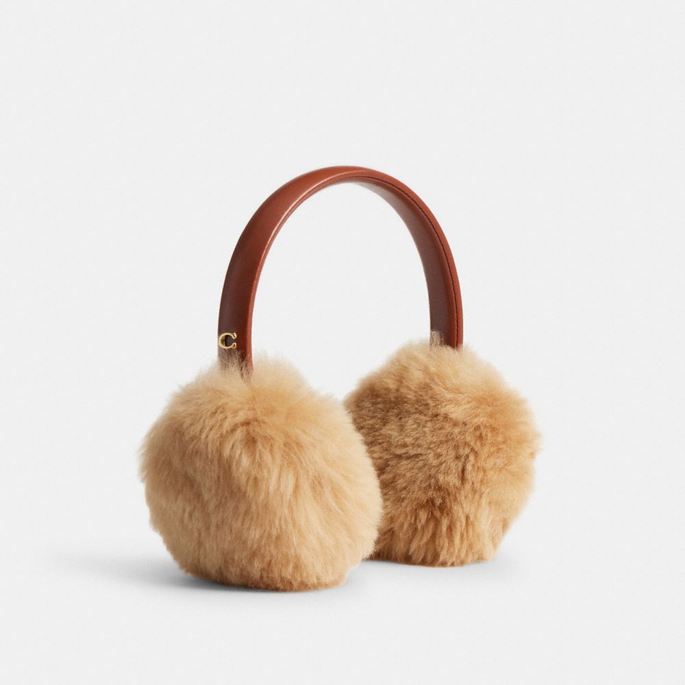 COACH®,Shearling Earmuffs,Shearling,Ear Muffs,Metal,Logo,Fur Embellishment,Casual,Beige