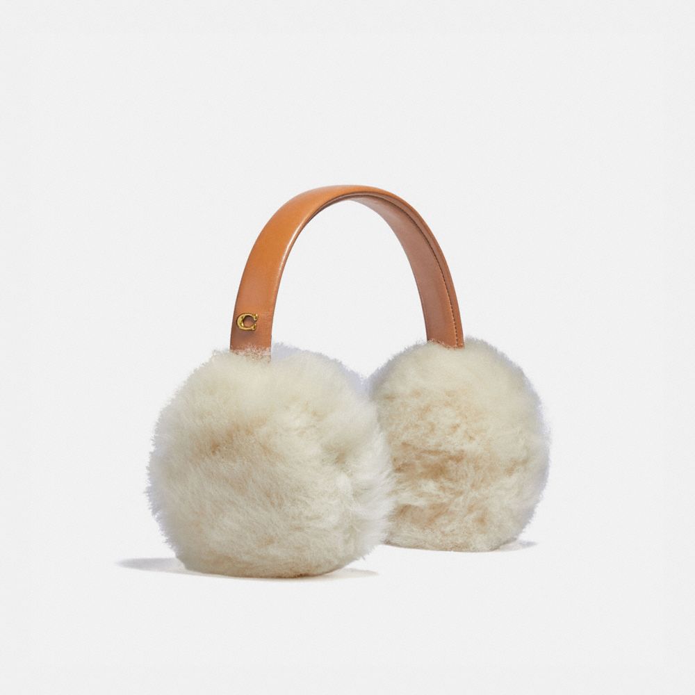 COACH®,Shearling Earmuffs,Shearling,Ear Muffs,Metal,Logo,Fur Embellishment,Casual,Cream