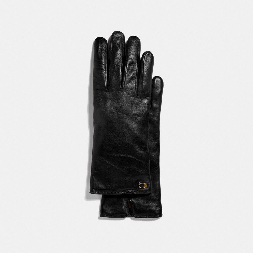 COACH®,SCULPTED SIGNATURE LEATHER TECH GLOVES,Leather,,Front View