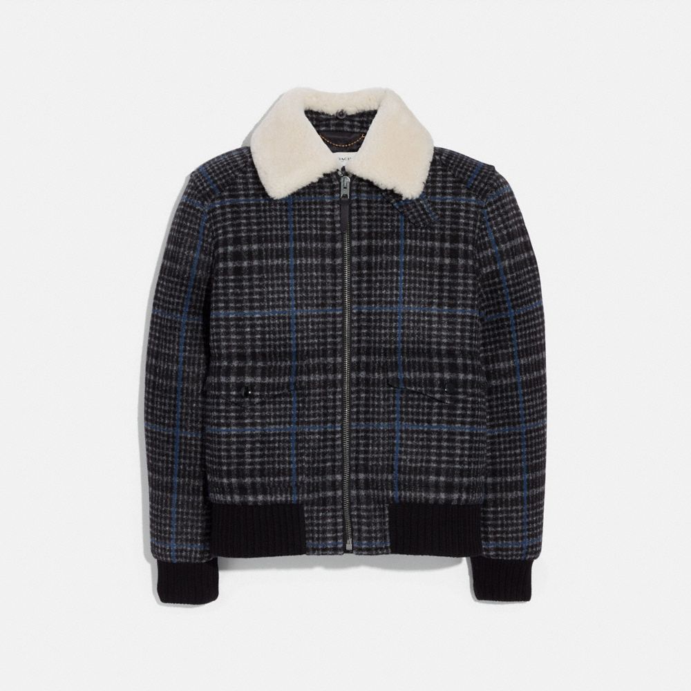 plaid shearling bomber