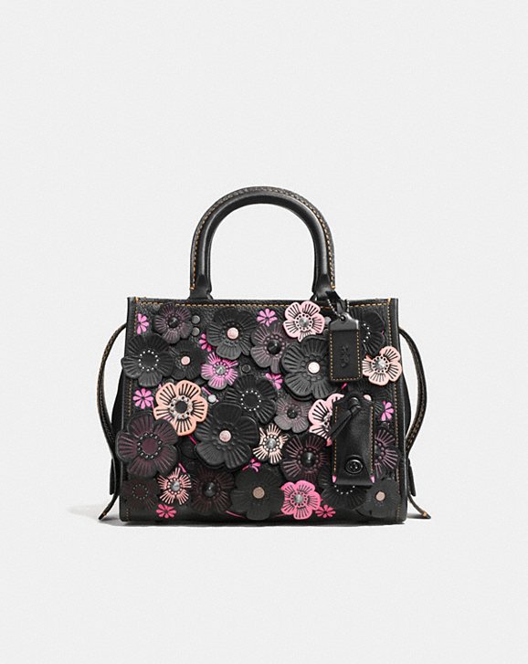 COACH: Rogue 25 in Pebble Leather With Tea Rose Applique
