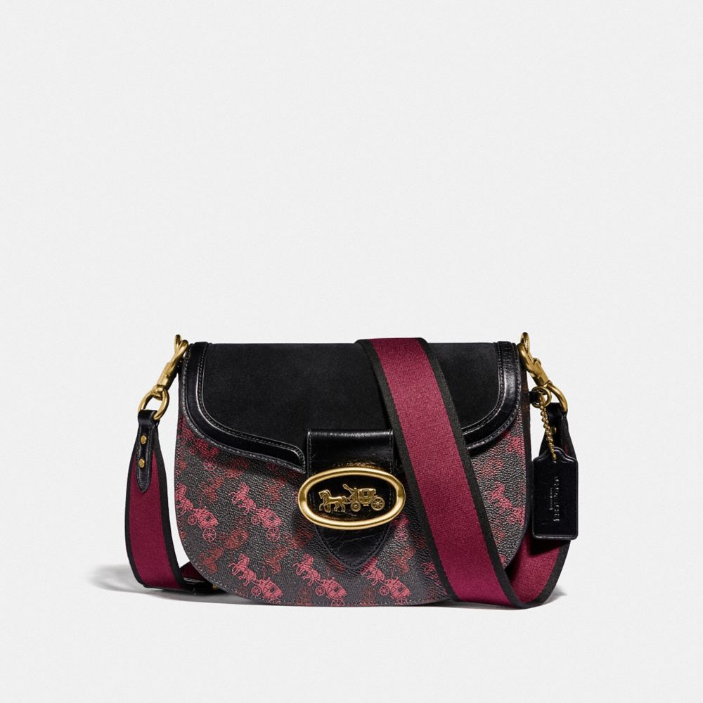 Coach Kat Saddle Bag With Horse and Carriage Print Brass/Black/Black Women Bags Crossbody Bags  