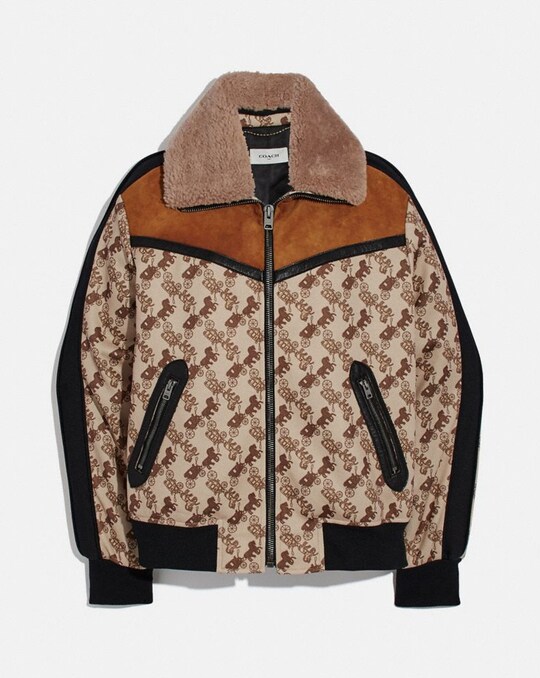 HORSE AND CARRIAGE PRINT JACKET WITH REMOVABLE SHEARLING COLLAR
