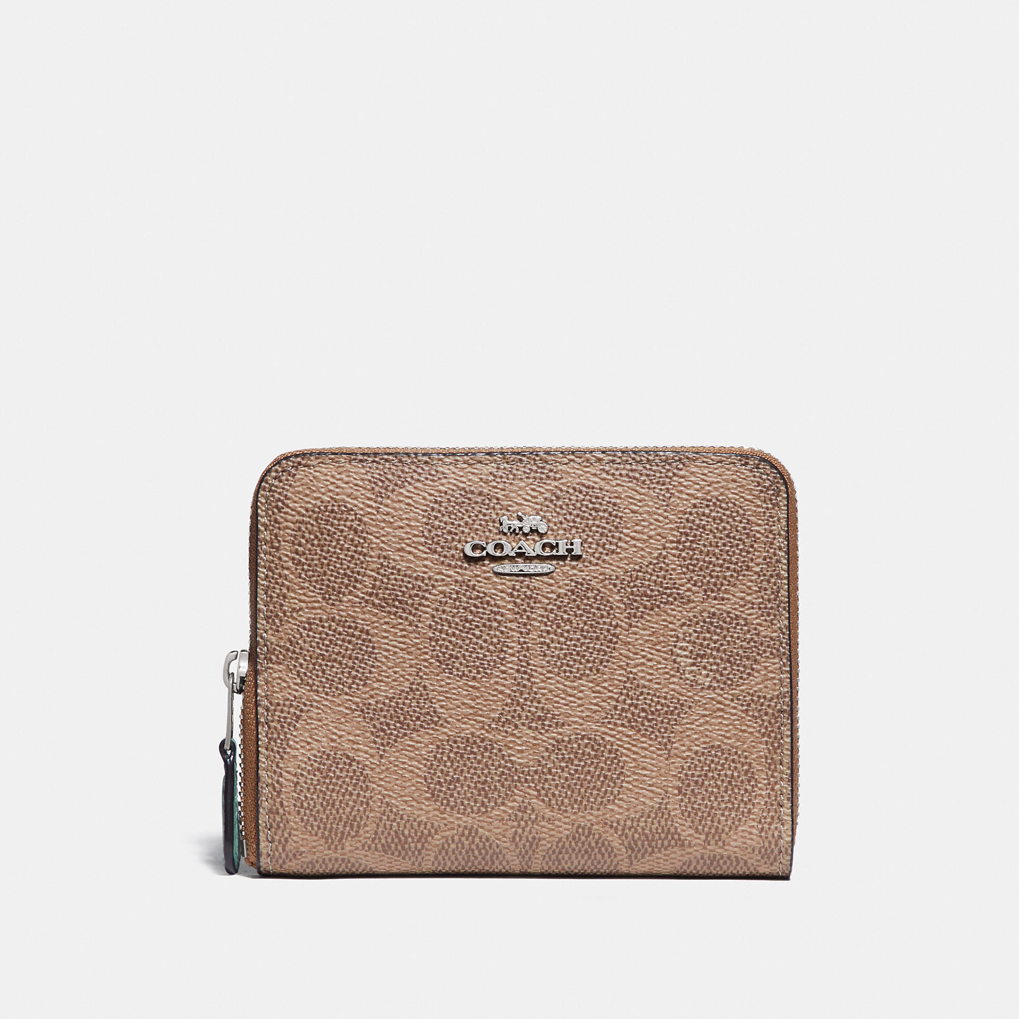 Coach Small Zip Around Wallet In Blocked Signature Canvas In Lh/tan Sand Orchid | ModeSens