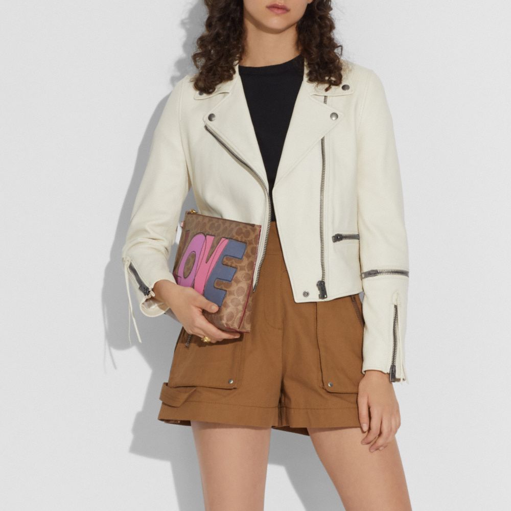 Coach Charlie Pouch in Signature Canvas With Love Print Brass/Tan Pink Multi Women Small Leather Goods Wristlets Alternate View 2