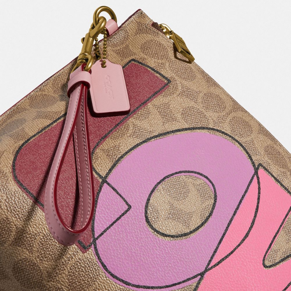 Coach Charlie Pouch in Signature Canvas With Love Print Brass/Tan Pink Multi Women Small Leather Goods Wristlets Alternate View 3