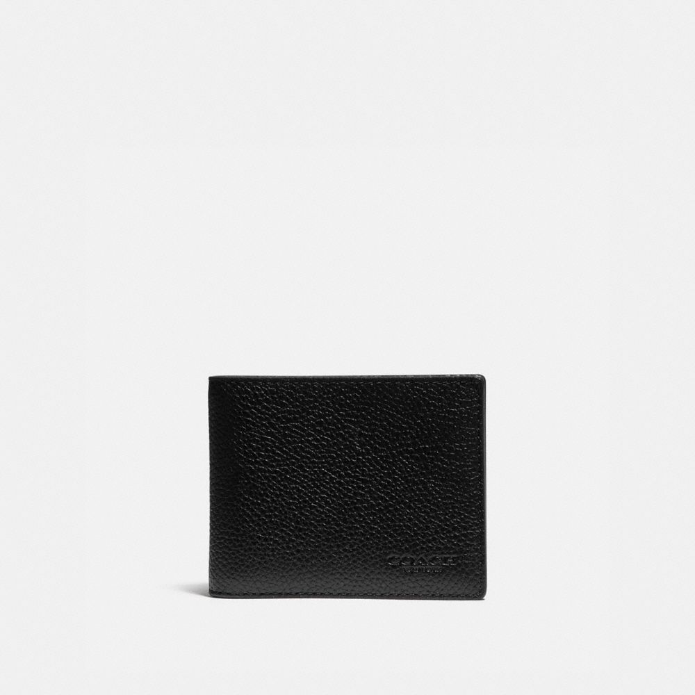 COACH®,Slim Billfold Wallet With Signature Canvas Detail,Leather,Bi Fold,Logo,Casual,Black,Front View