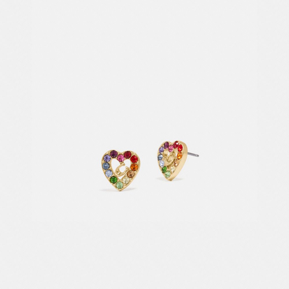 COACH Rainbow Pave Sculpted Signature Heart Stud Earrings