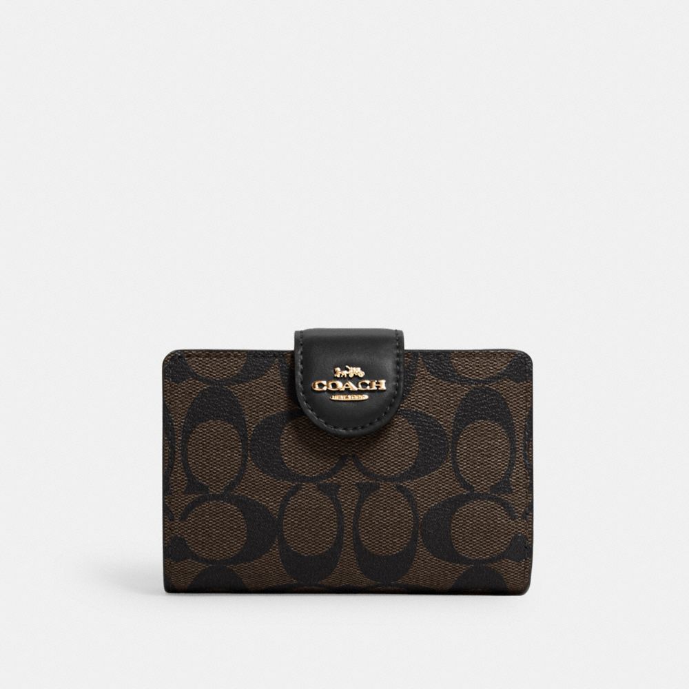 QA_AUTO Medium Corner Zip Wallet In Signature Canvas, Gold/Brown Black, ProductTile
