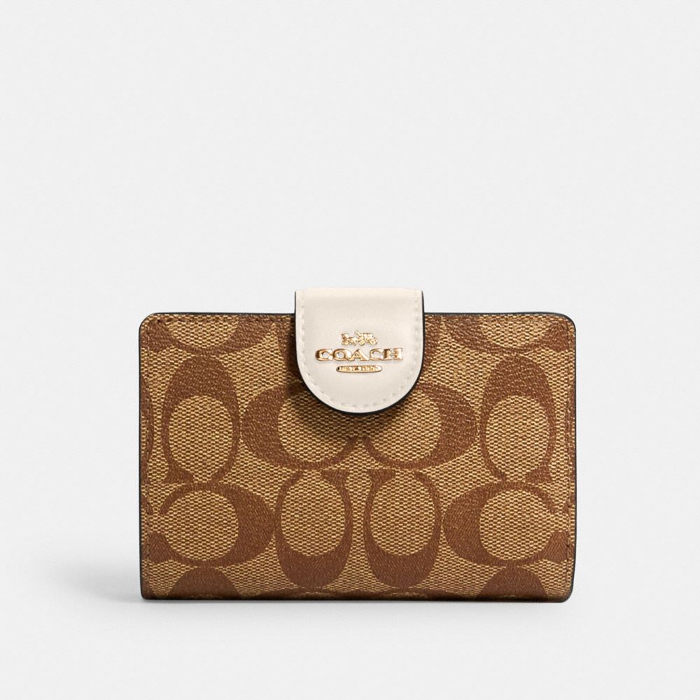 QA_AUTO Medium Corner Zip Wallet In Signature Canvas, Gold/KHAKI/CHALK, ProductTile