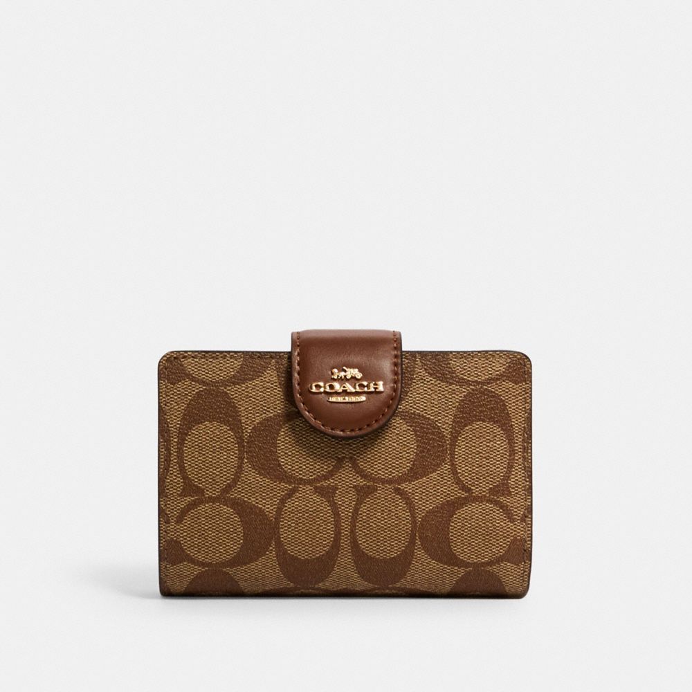QA_AUTO Medium Corner Zip Wallet In Signature Canvas, Gold/Khaki Saddle 2, ProductTile
