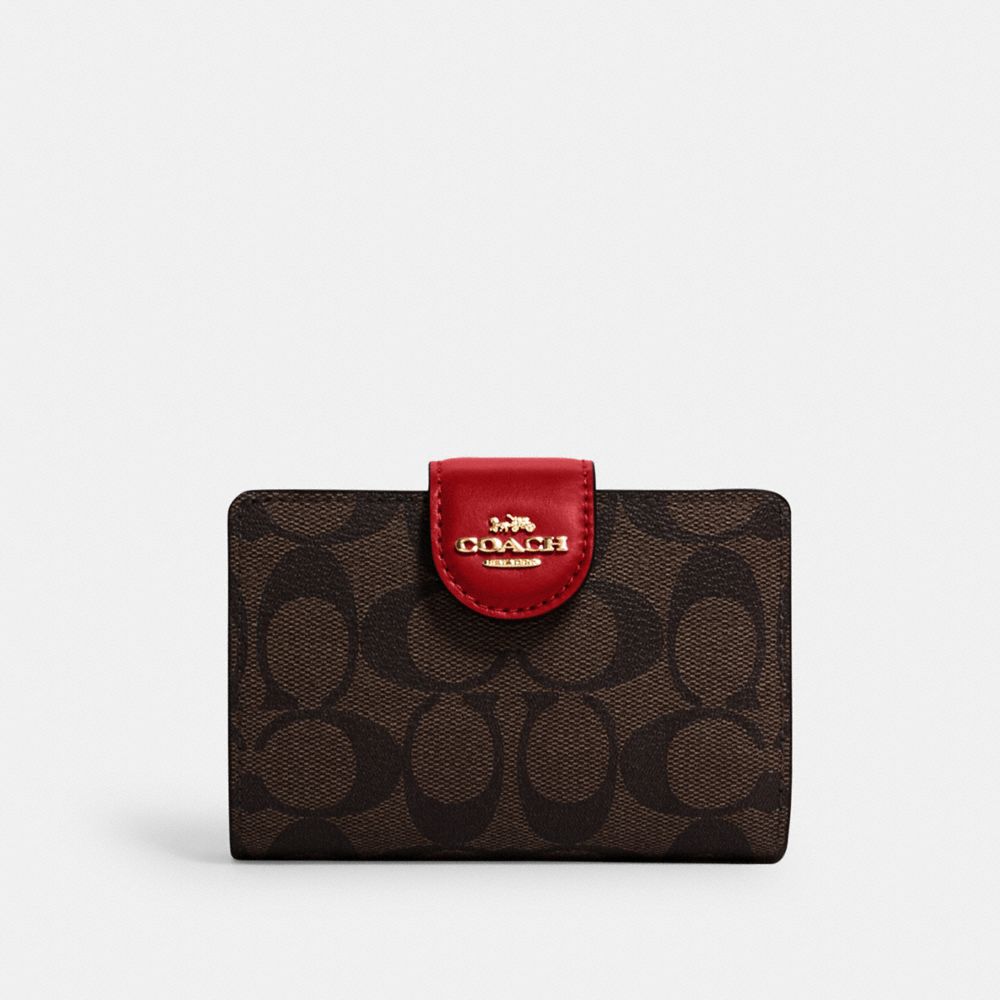 QA_AUTO Medium Corner Zip Wallet In Signature Canvas, Gold/Brown 1941 Red, ProductTile