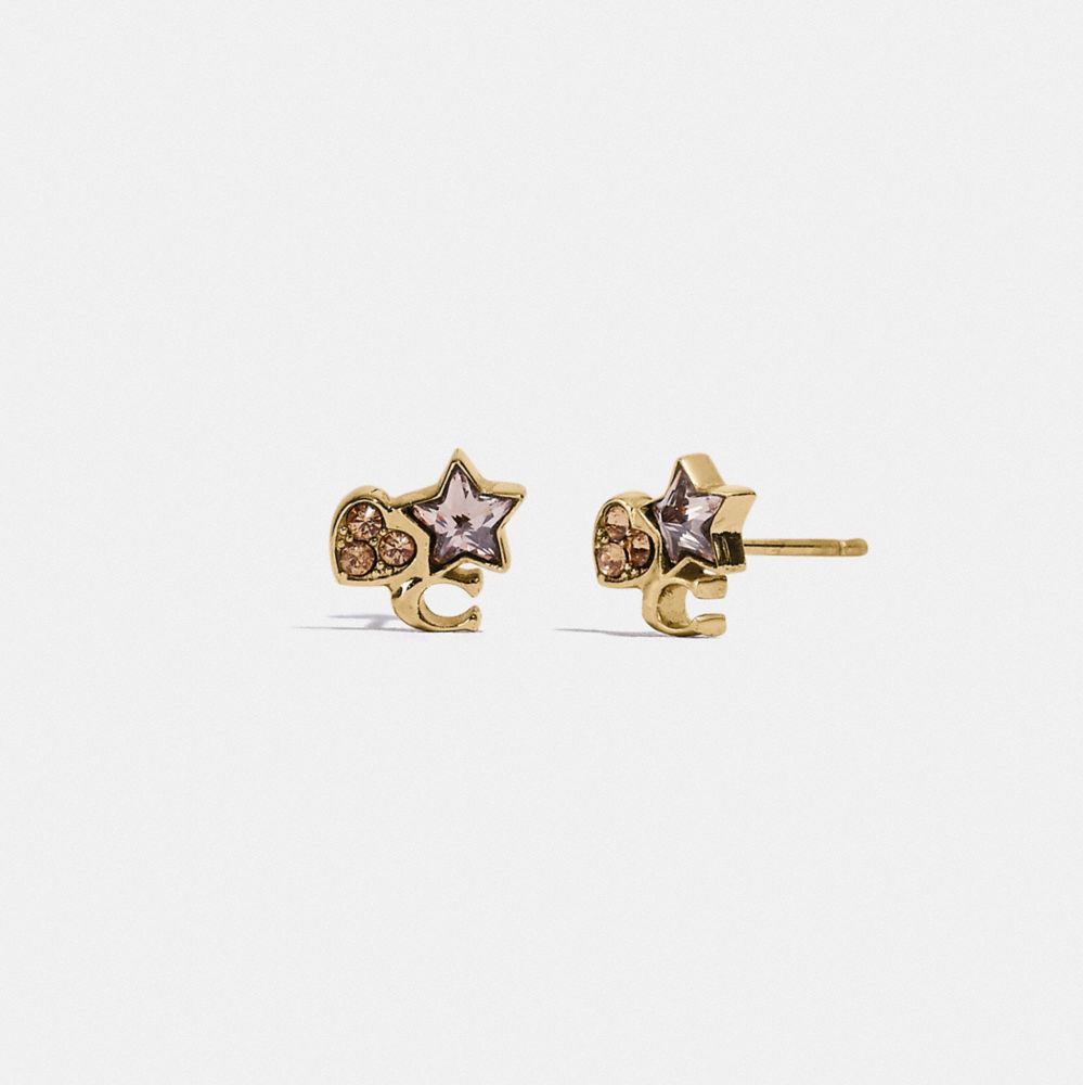 Coach Boxed Crystal Star Heart Signature Cluster Stud Earrings Gold   