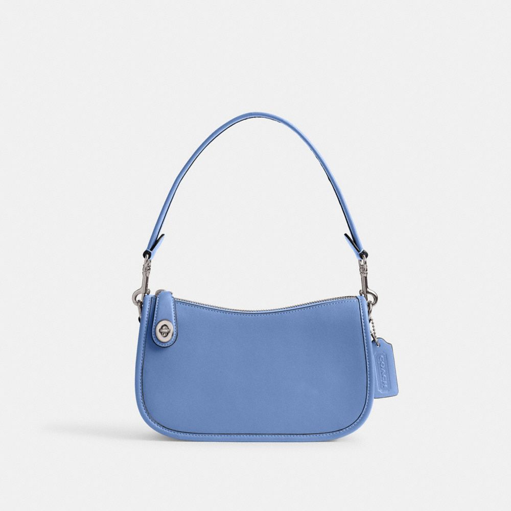 COACH®,Swinger Bag,Leather,Shoulder Bag,Logo,Metal,Gold Metal,Day Party,Blue,Front View