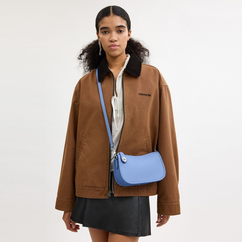 COACH®,Swinger Bag,Leather,Shoulder Bag,Logo,Metal,Gold Metal,Day Party,Blue