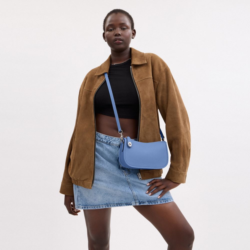 COACH®,Swinger Bag,Leather,Shoulder Bag,Logo,Metal,Gold Metal,Day Party,Blue