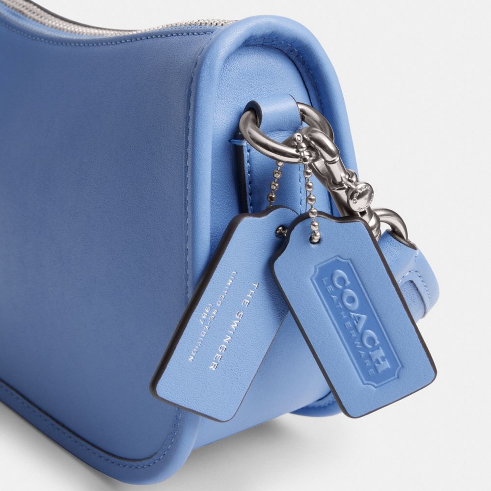 COACH®,Swinger Bag,Leather,Shoulder Bag,Logo,Metal,Gold Metal,Day Party,Blue,Closer View