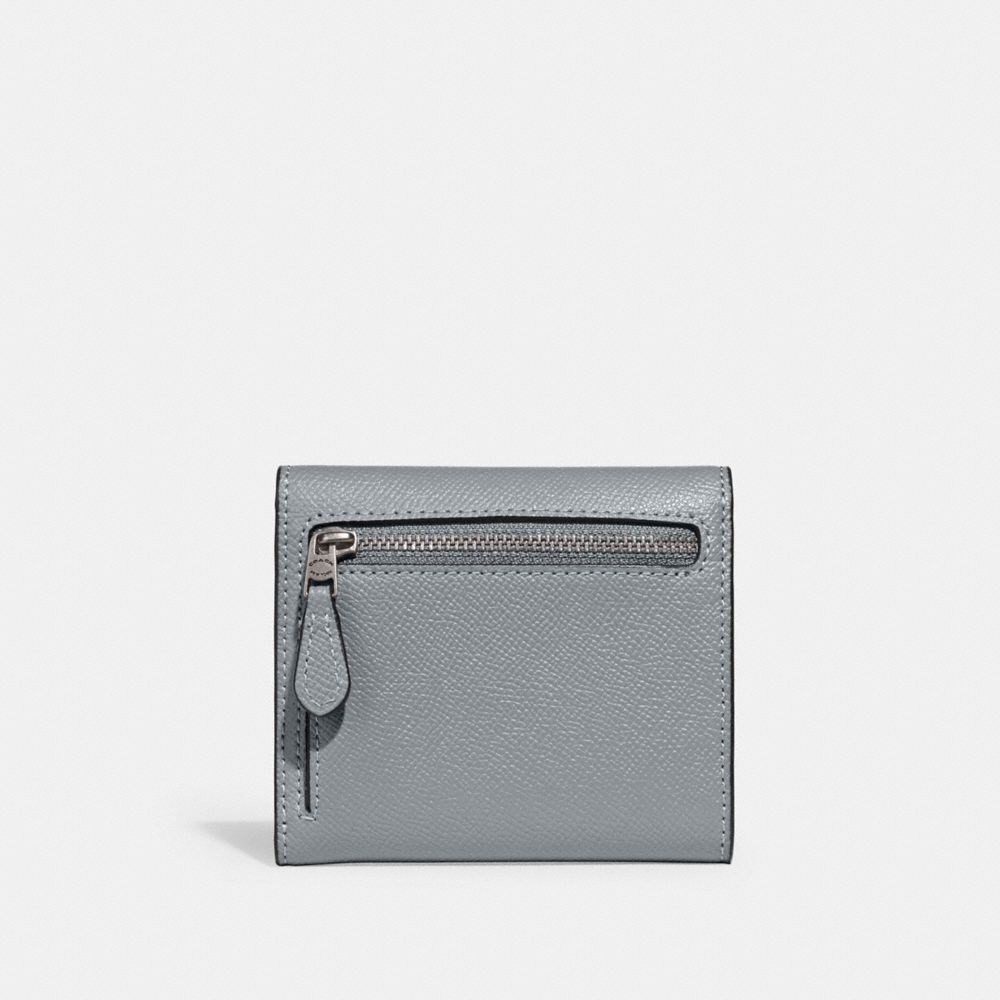 COACH®,Wyn Small Wallet,Leather,Tri Fold,Metal,Logo,Scratch Resistant,Casual,Gray,Back View