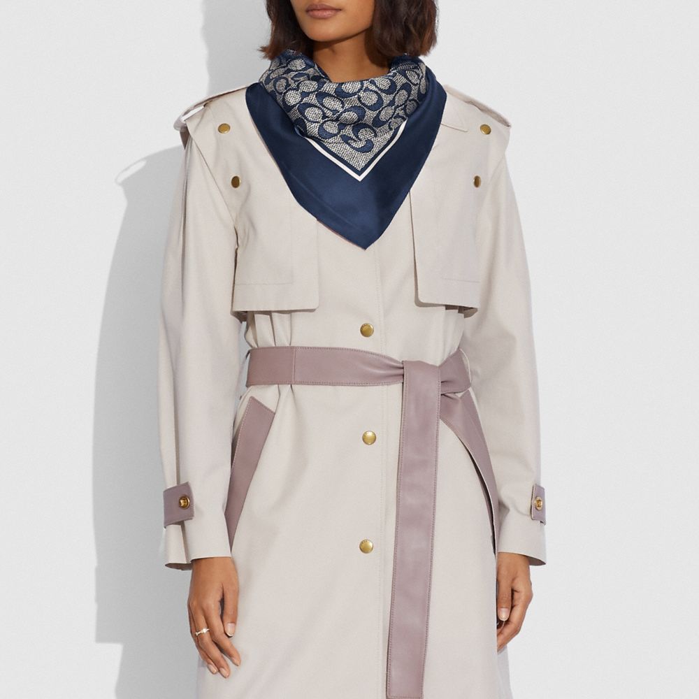 COACH®,Textured Signature Print Silk Square Scarf,Silk,Rectangle,Square,Frayed,Casual,Multi Color,Detail View