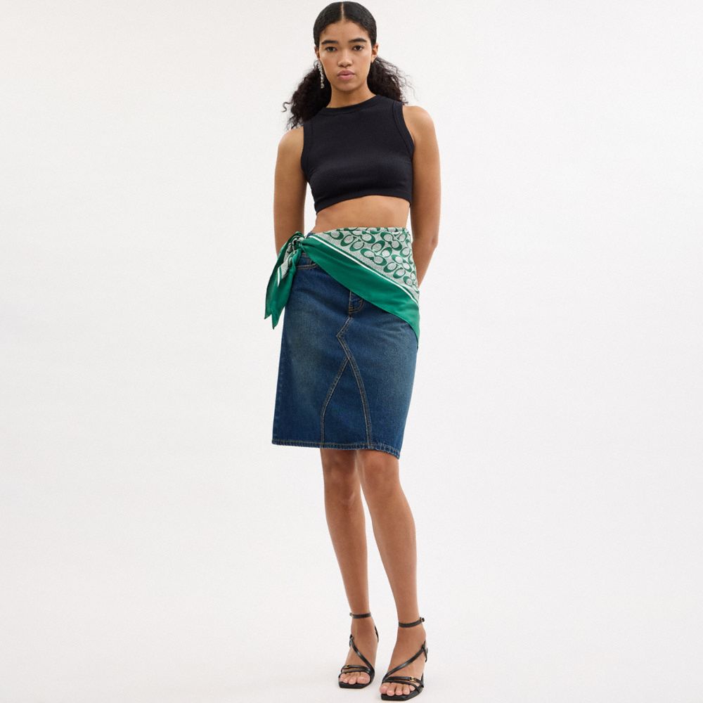 COACH®,Textured Signature Print Silk Square Scarf,Silk,Rectangle,Square,Frayed,Casual,Multi Color,Detail View