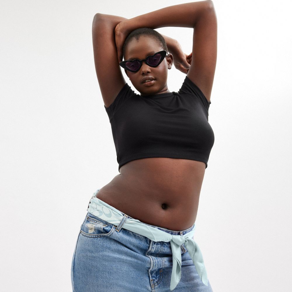 COACH®,Textured Signature Print Silk Square Scarf,Silk,Rectangle,Square,Frayed,Casual,Blue,Detail View