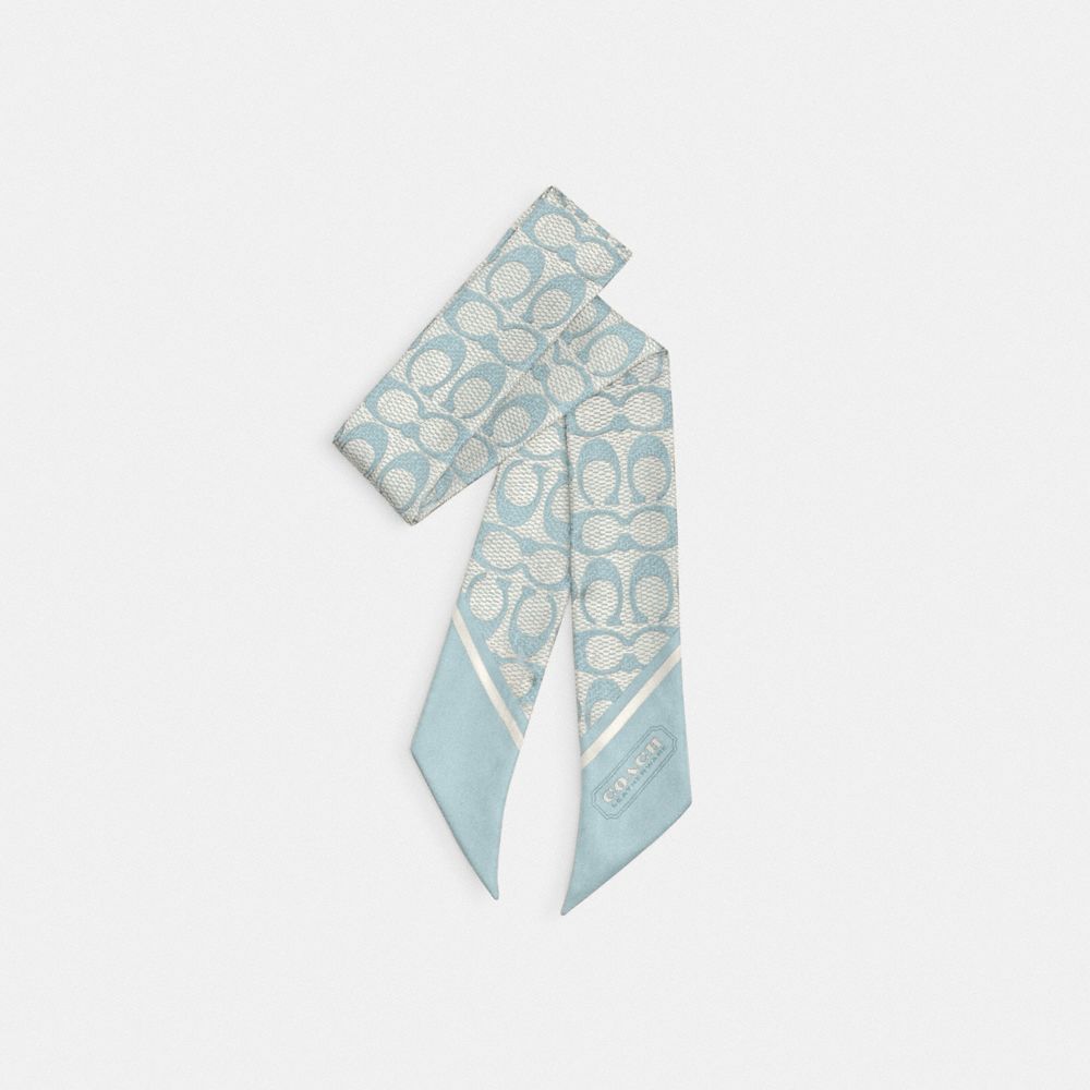 COACH®,Textured Signature Print Silk Skinny Scarf,Silk,Neckerchief,Color Block,Casual,Blue,Front View