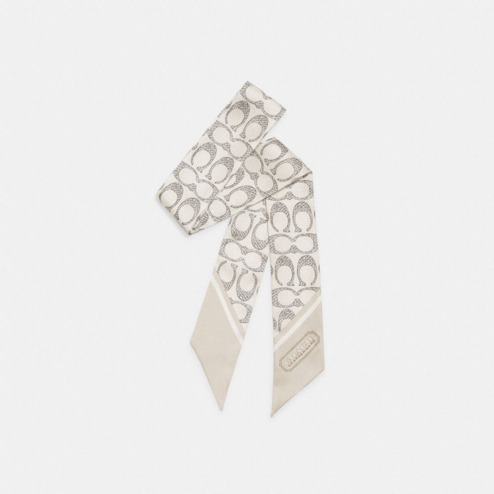 COACH®,Textured Signature Print Silk Skinny Scarf,Silk,Neckerchief,Color Block,Casual,Cream,Front View