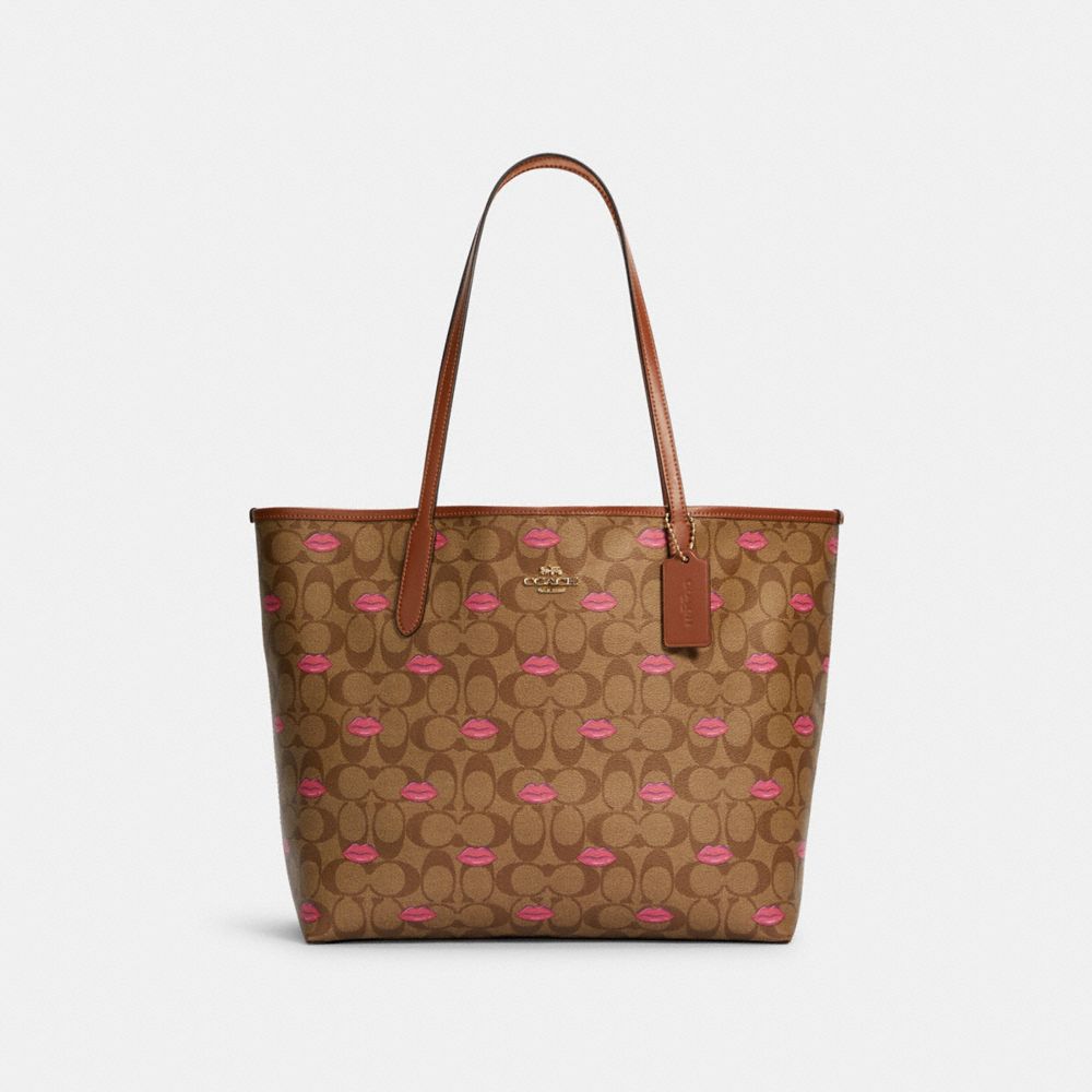 CITY TOTE IN SIGNATURE CANVAS WITH LIPS PRINT