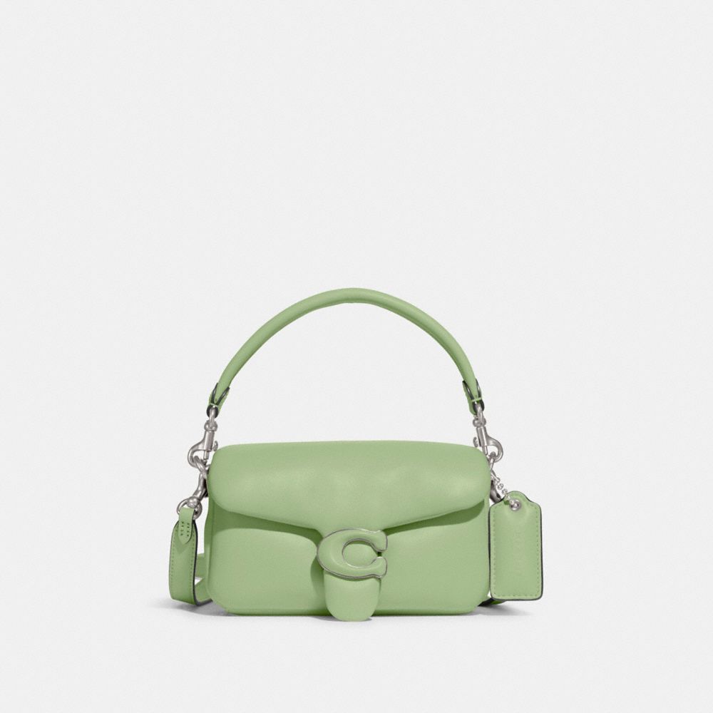 COACH®,Pillow Tabby Shoulder Bag 18,Calfskin Leather,Crossbody,Logo,Silver Metal,Casual,Green