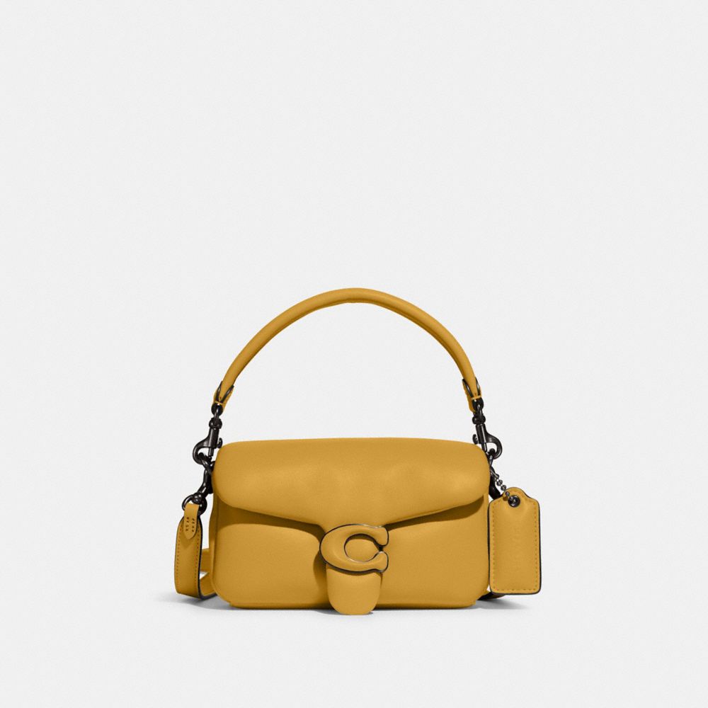 COACH®,Pillow Tabby Shoulder Bag 18,Calfskin Leather,Crossbody,Logo,Silver Metal,Casual,Mustard,Front View