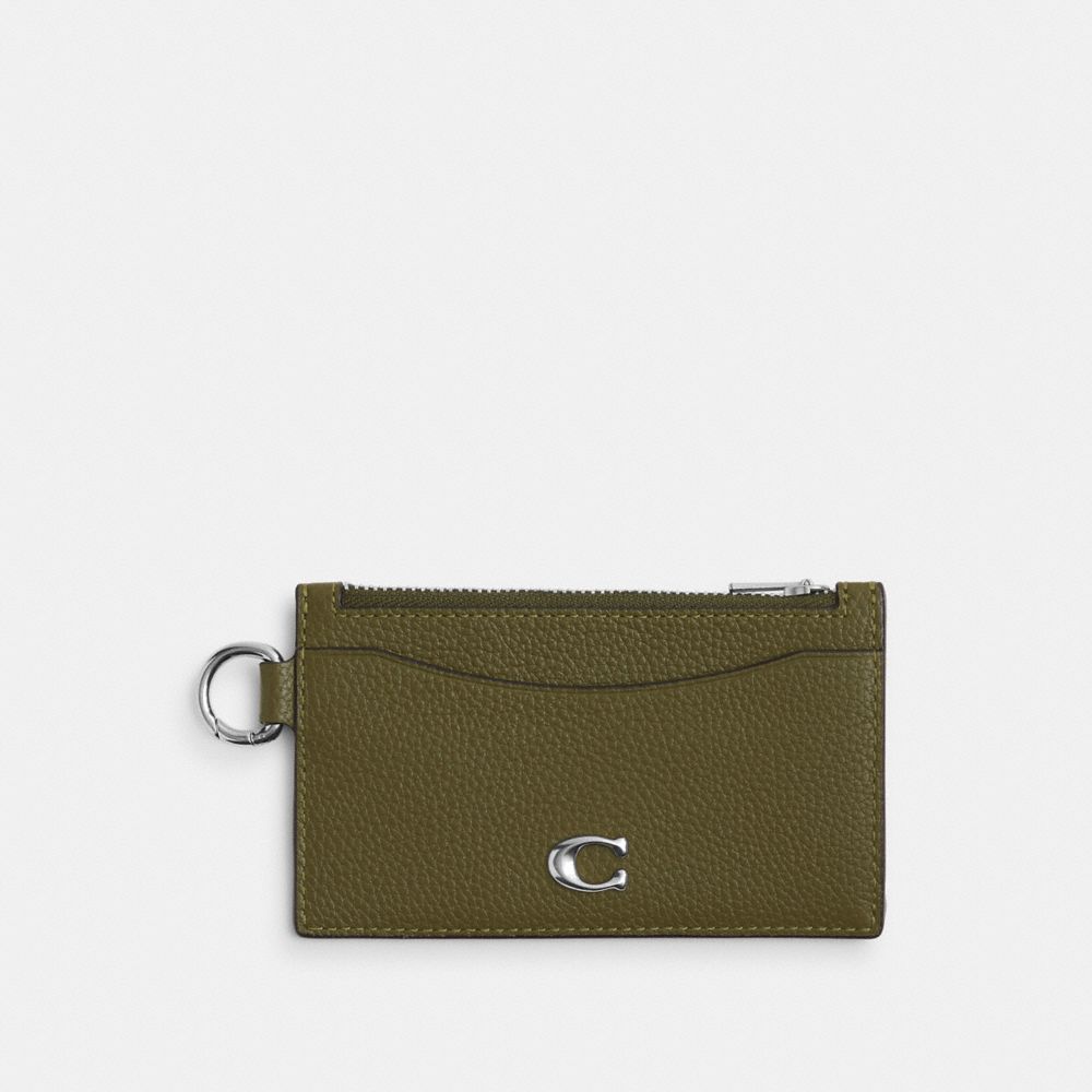 COACH®,Zip Card Case,Leather,Card Case,Metal,Embellished,Logo,3D Embellishment,Gusset,Key Ring,Silver Metal,Casual,Olive,Front View