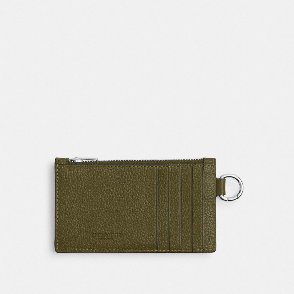 COACH®,Zip Card Case,Leather,Card Case,Metal,Embellished,Logo,3D Embellishment,Gusset,Key Ring,Silver Metal,Casual,Olive,Back View