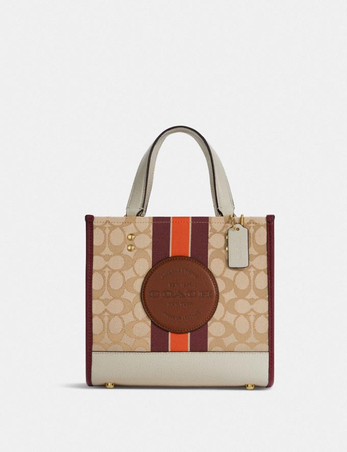 Coach Dempsey Tote 22 in Signature Jacquard With Stripe and Coach Patch Im/Light Khaki/Wine Multi DEFAULT_CATEGORY  